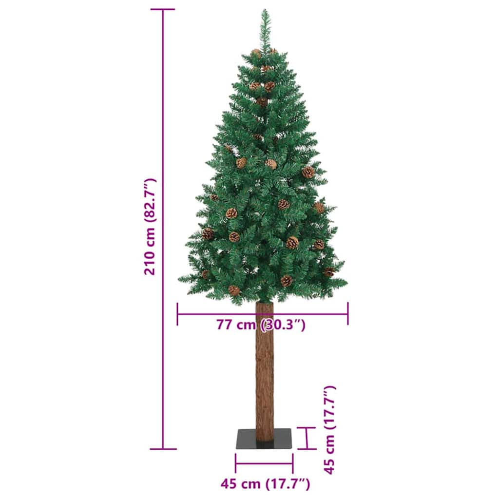 vidaXL Szczupła Choinka Zielony 210 cm PVC i lite drewno sosnowe