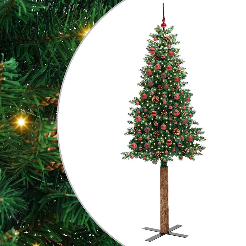 vidaXL Szczupła Choinka Zielony 210 cm PVC i lite drewno sosnowe