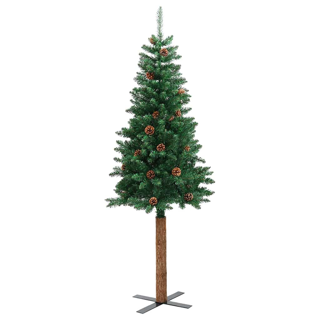 vidaXL Szczupła Choinka Zielony 210 cm PVC i lite drewno sosnowe