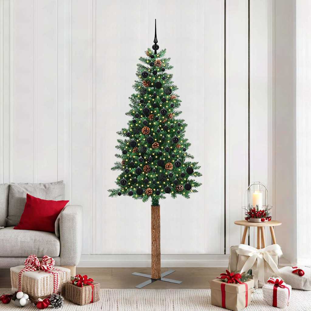 vidaXL Szczupła Choinka Zielony 210 cm PVC i lite drewno sosnowe