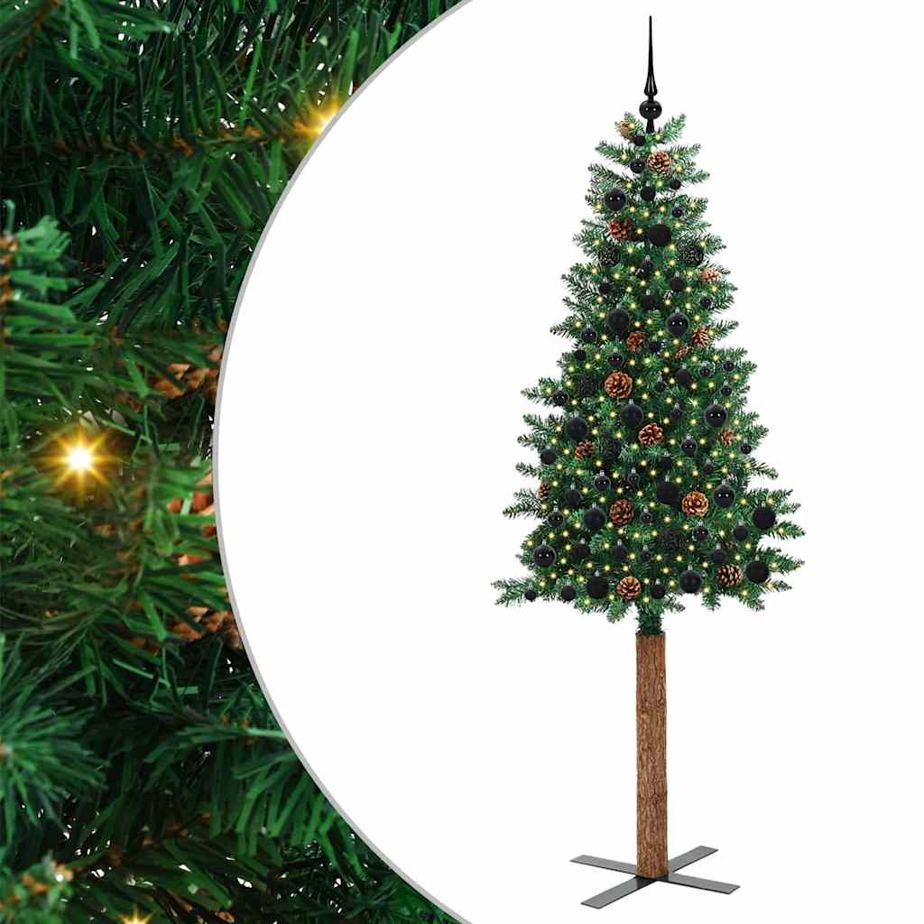 vidaXL Szczupła Choinka Zielony 210 cm PVC i lite drewno sosnowe