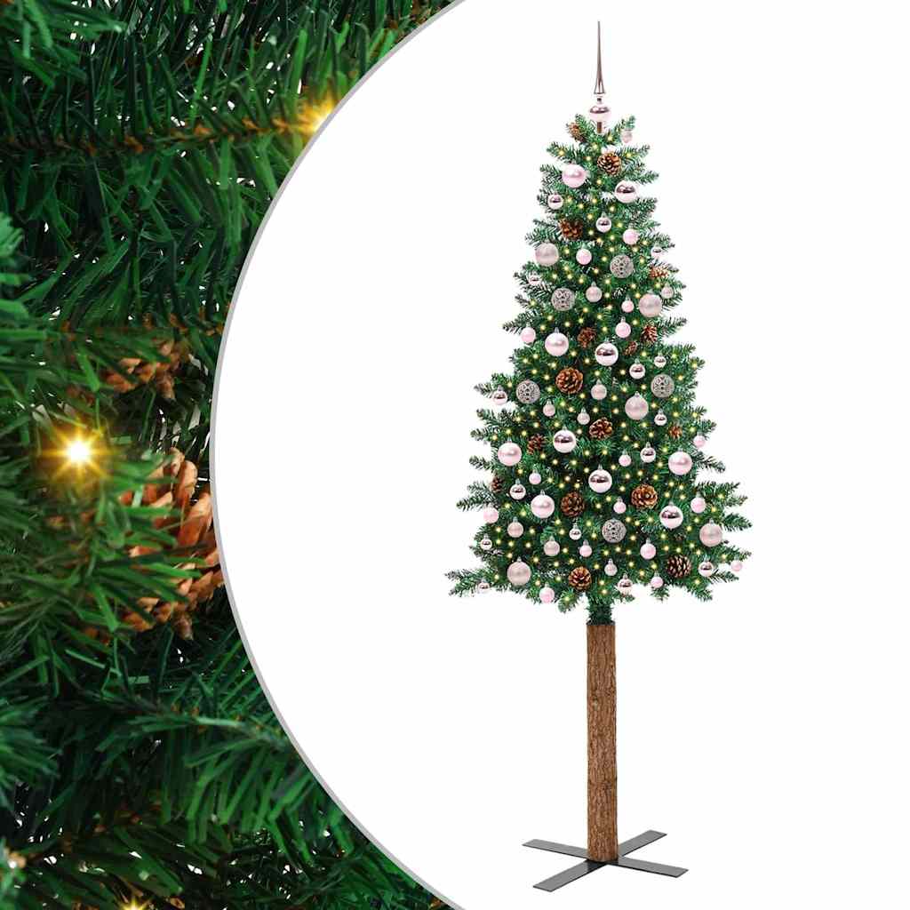 vidaXL Szczupła Choinka Zielony 210 cm PVC i lite drewno sosnowe
