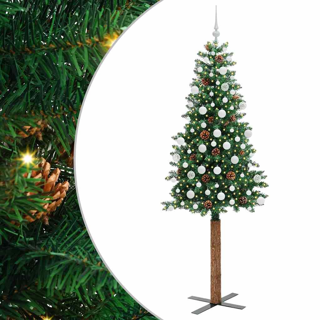 vidaXL Szczupła Choinka Zielony 210 cm PVC i lite drewno sosnowe