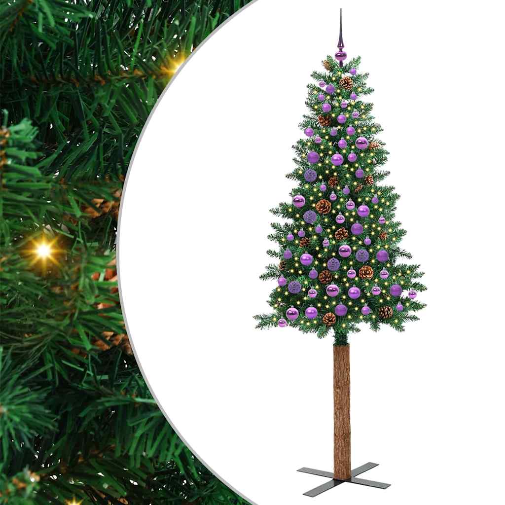 vidaXL Szczupła Choinka Zielony 210 cm PVC i lite drewno sosnowe