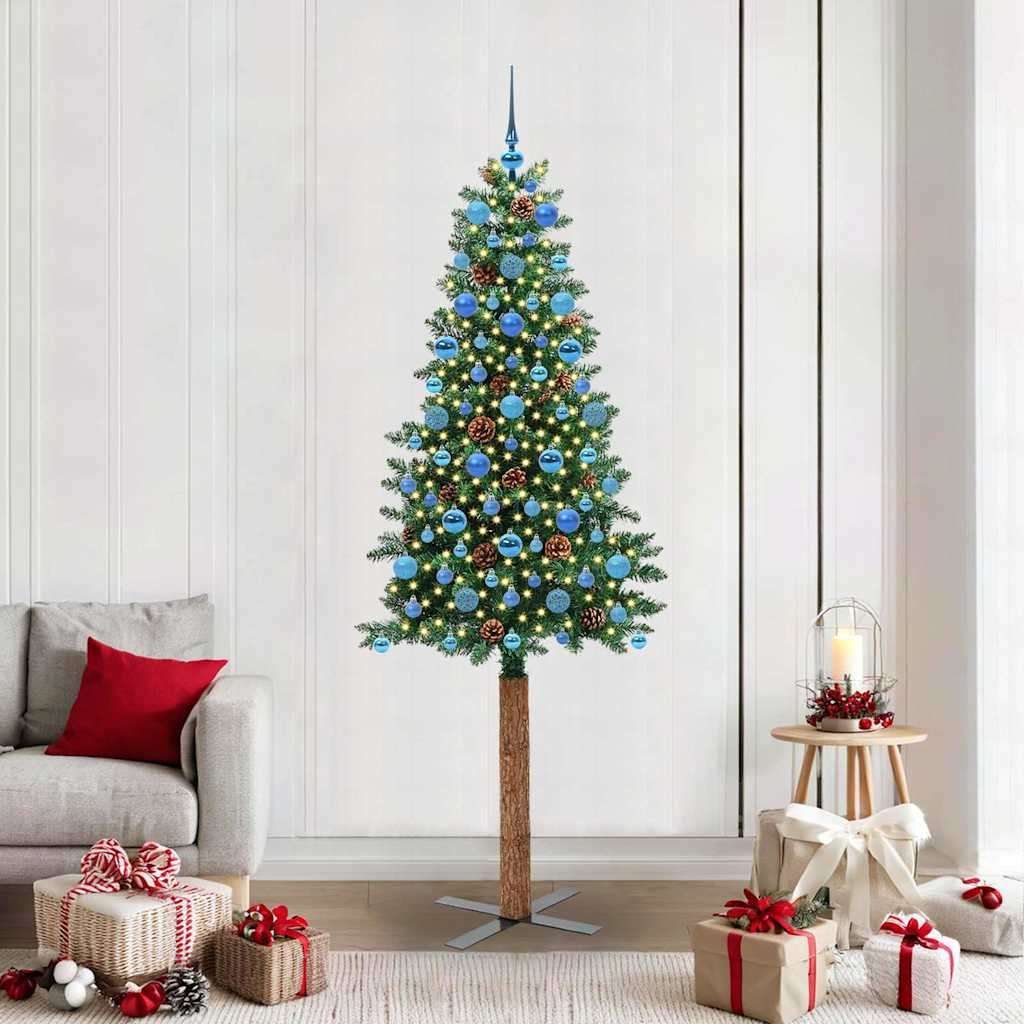 vidaXL Szczupła Choinka Zielony 210 cm PVC i lite drewno sosnowe