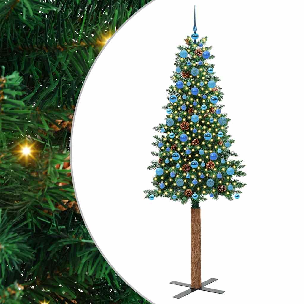 vidaXL Szczupła Choinka Zielony 210 cm PVC i lite drewno sosnowe