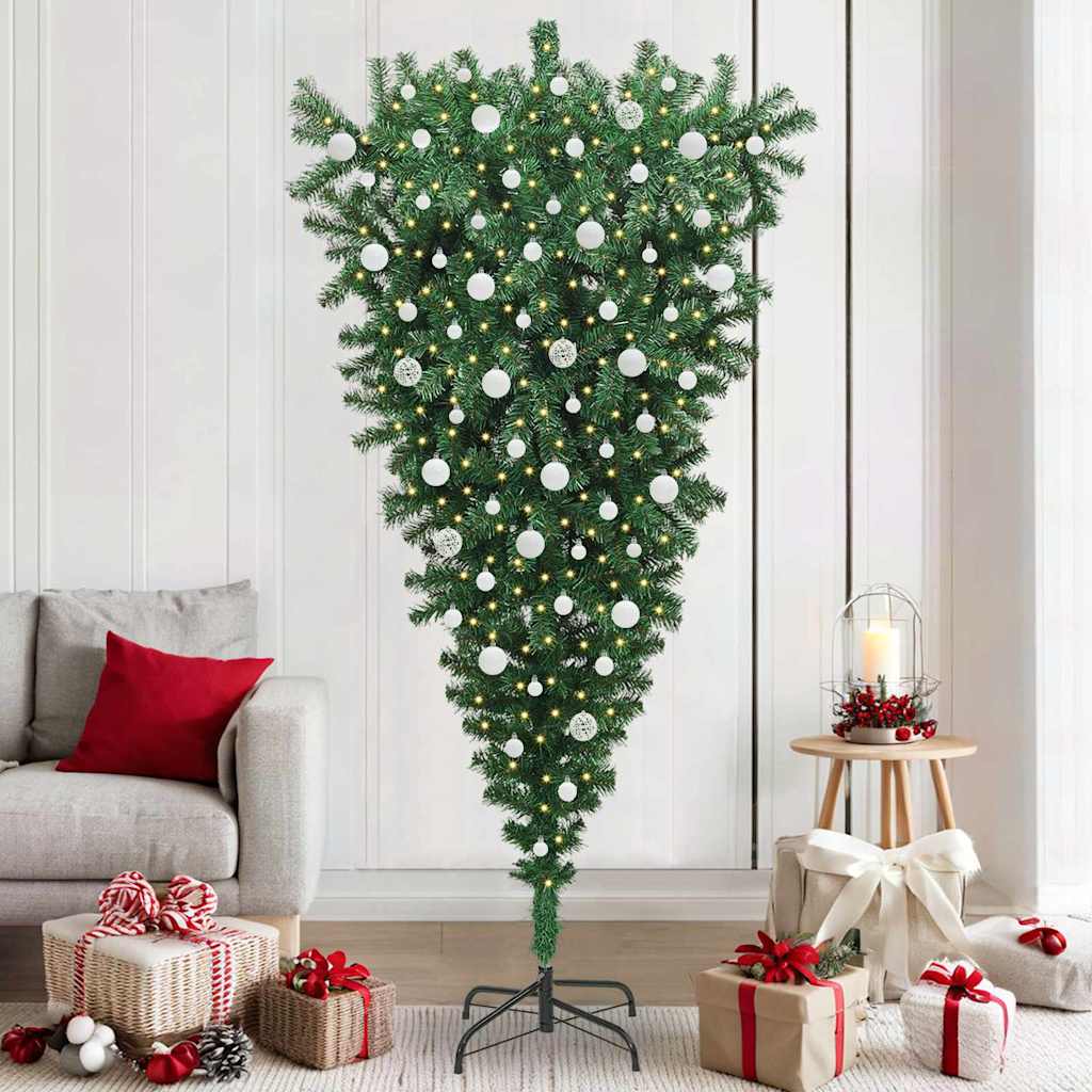 vidaXL Odwrócone sztuczne choinki z lampkami z zestawem kulek 210 cm