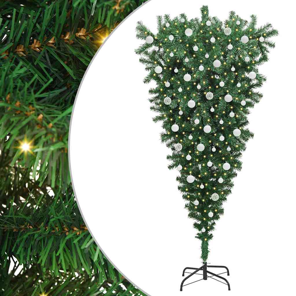 vidaXL Odwrócone sztuczne choinki z lampkami z zestawem kulek 210 cm