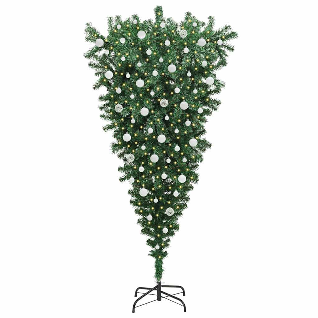 vidaXL Odwrócone sztuczne choinki z lampkami z zestawem kulek 210 cm