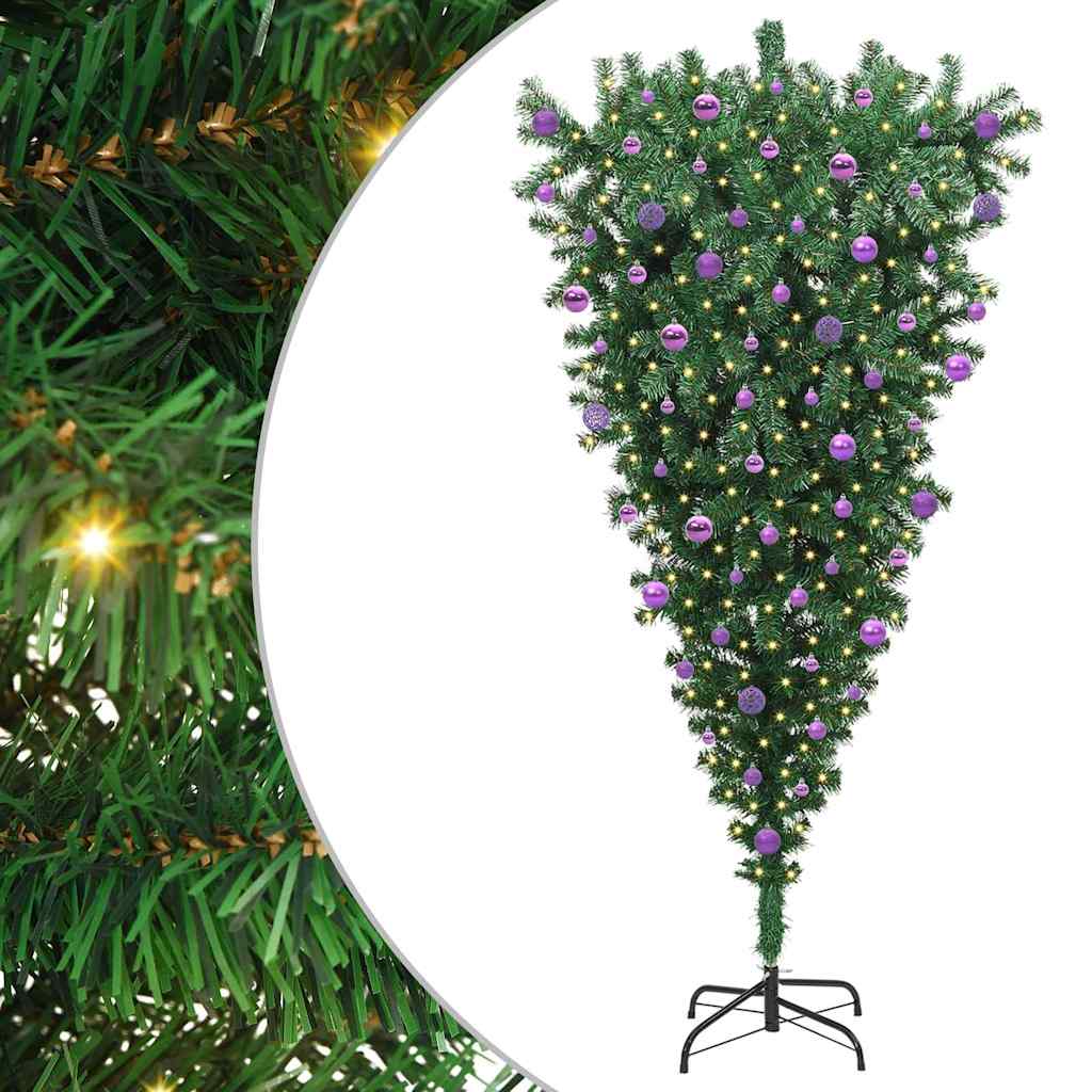 vidaXL Odwrócone sztuczne choinki oświetlone z zestawem bombek 210 cm