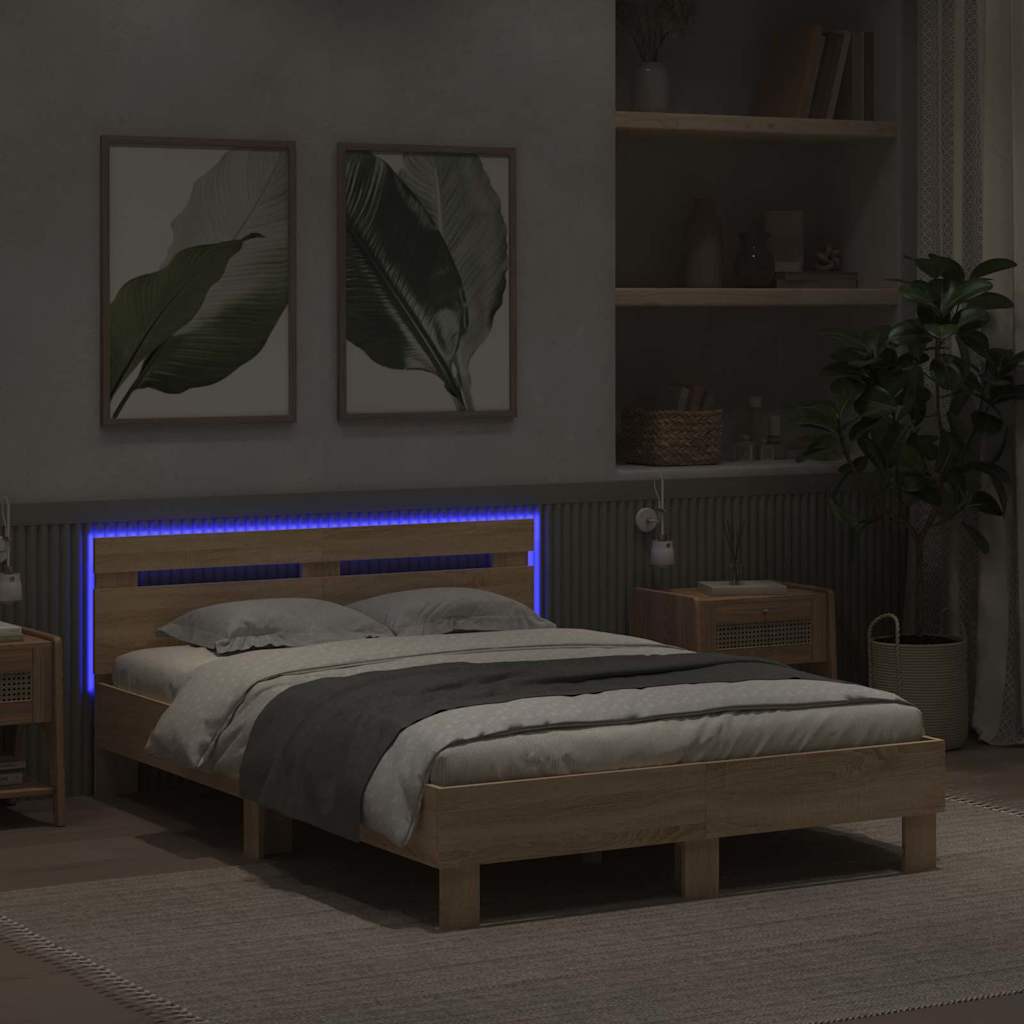 vidaXL Ramka łóżka z LED Sonoma 137 x 190 cm Materiał drewnopochodny