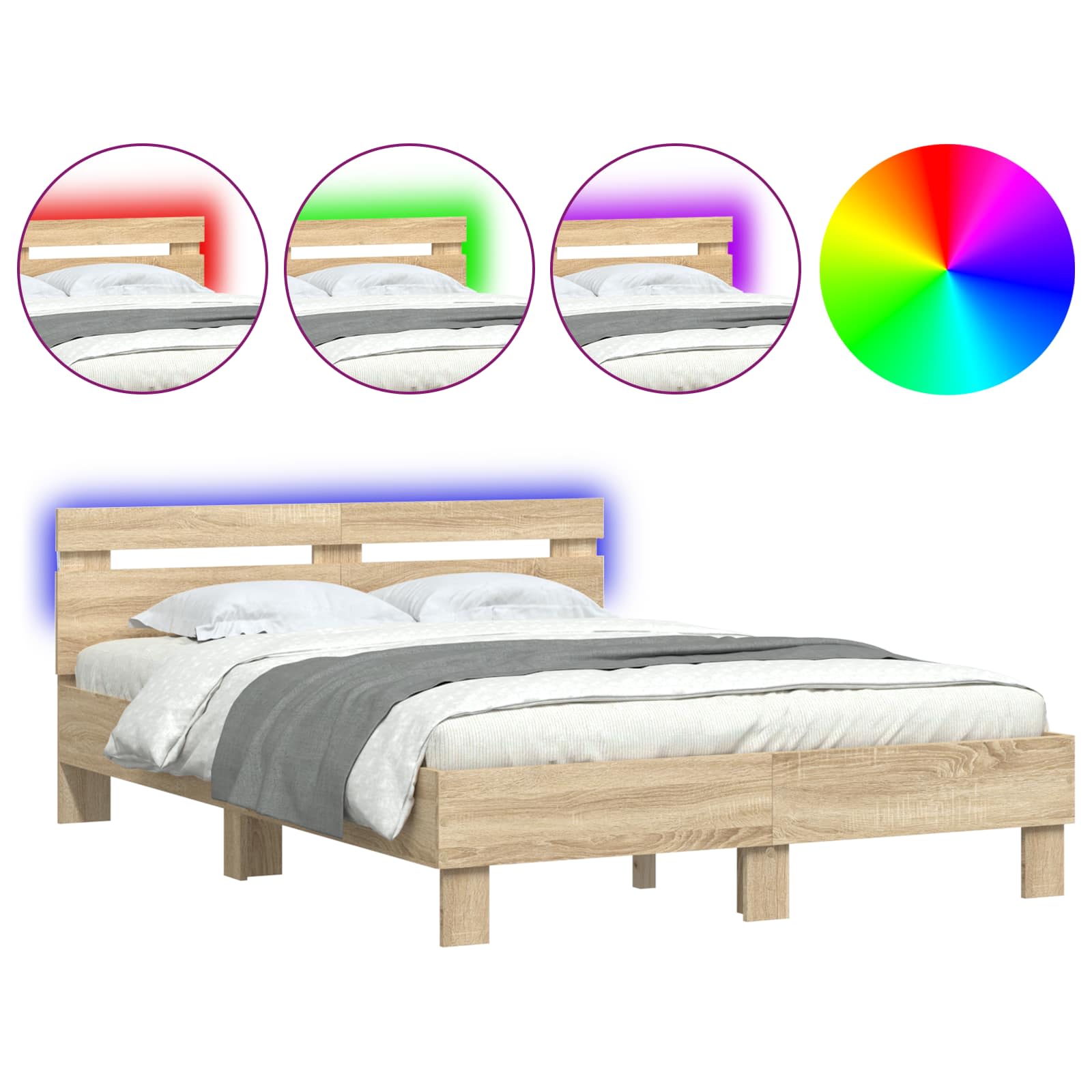 vidaXL Ramka łóżka z LED Sonoma 137 x 190 cm Materiał drewnopochodny
