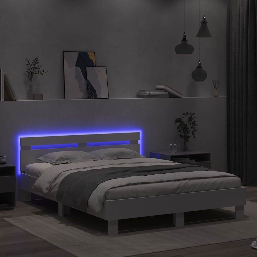 vidaXL Ramka łóżka z LED Biały 152 x 203 cm Materiał drewnopochodny