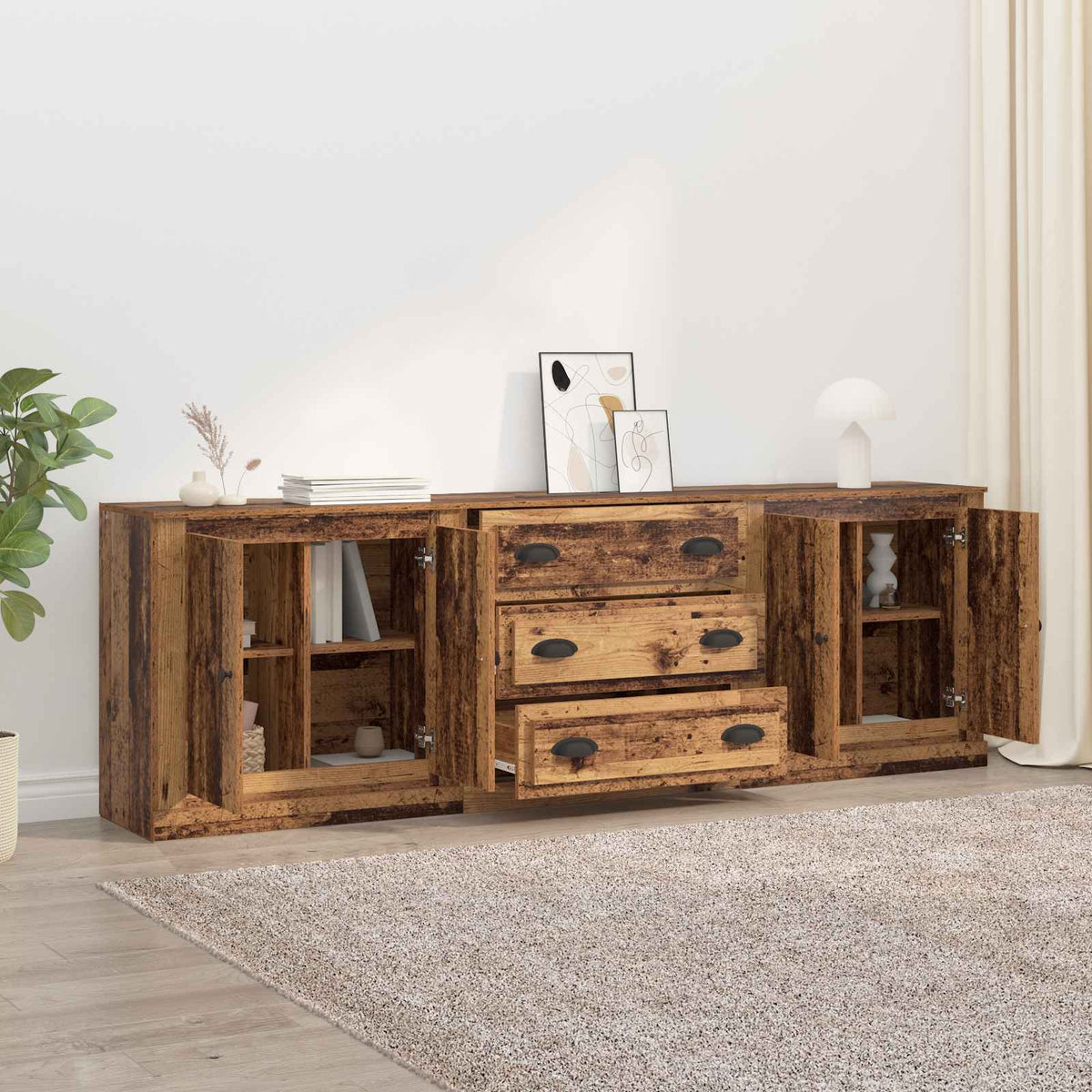 vidaXL Komody 3 szt. Stare drewno 210 x 35,5 x 67,5 cm