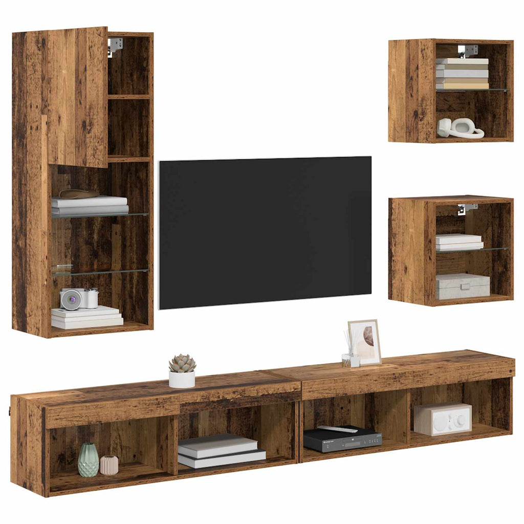 vidaXL Jednostki TV na ścianę z LED Ze LED Lights 5 pcs Stare drewno