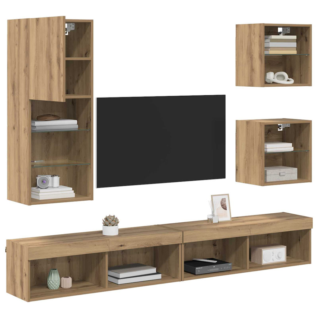 vidaXL Jednostki TV na ścianę z LED 5 pcs Dąb rzemieślniczy