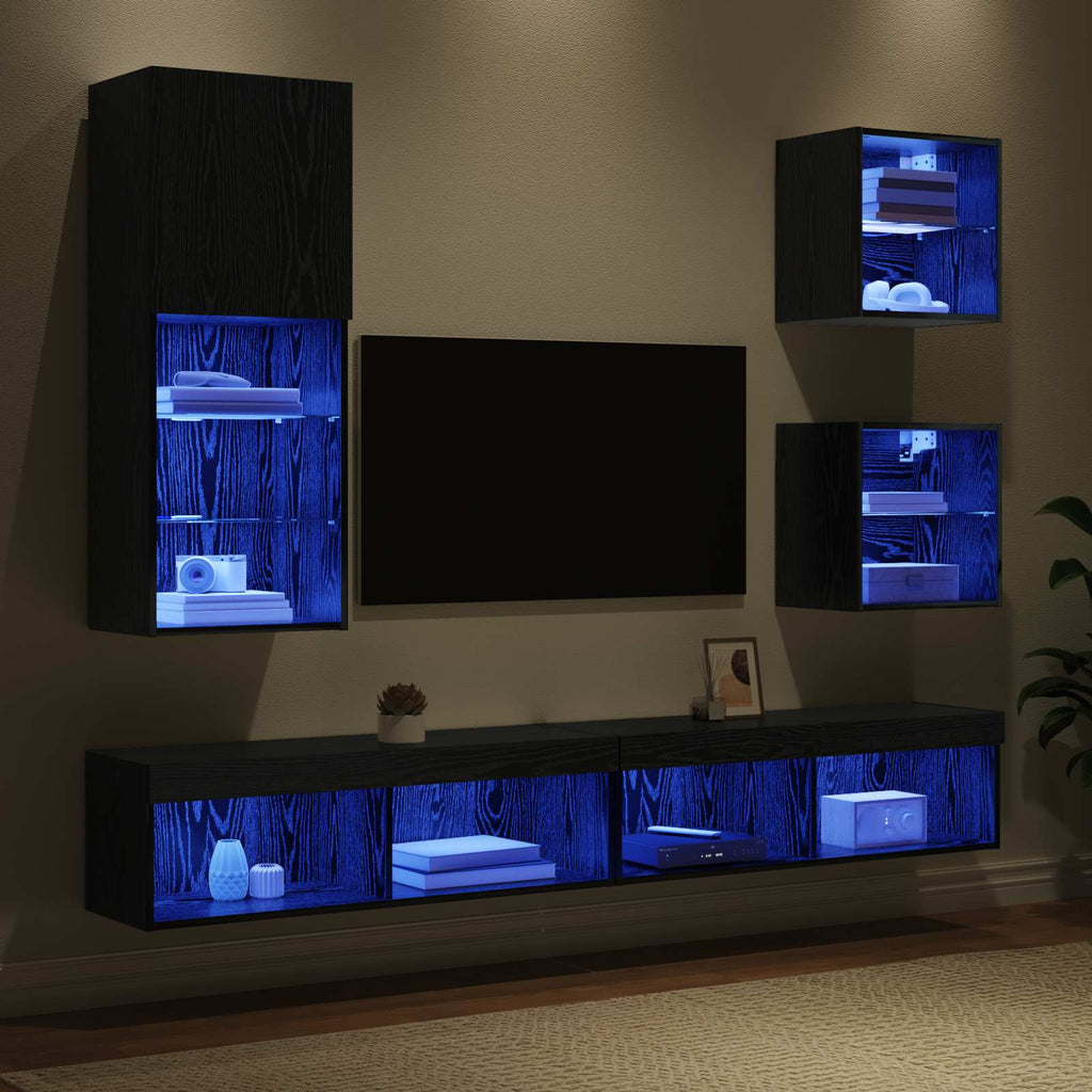 vidaXL Jednostki TV na ścianę z LED Ze LED Lights 5 pcs Czarny Dąb
