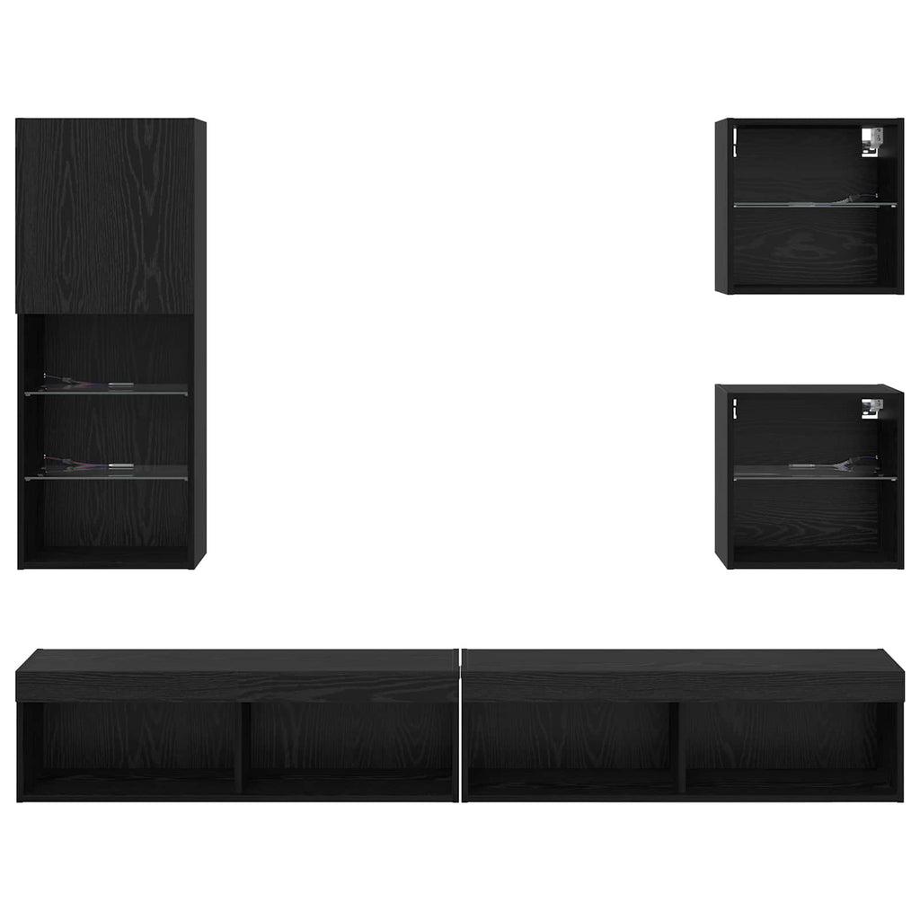 vidaXL Jednostki TV na ścianę z LED Ze LED Lights 5 pcs Czarny Dąb