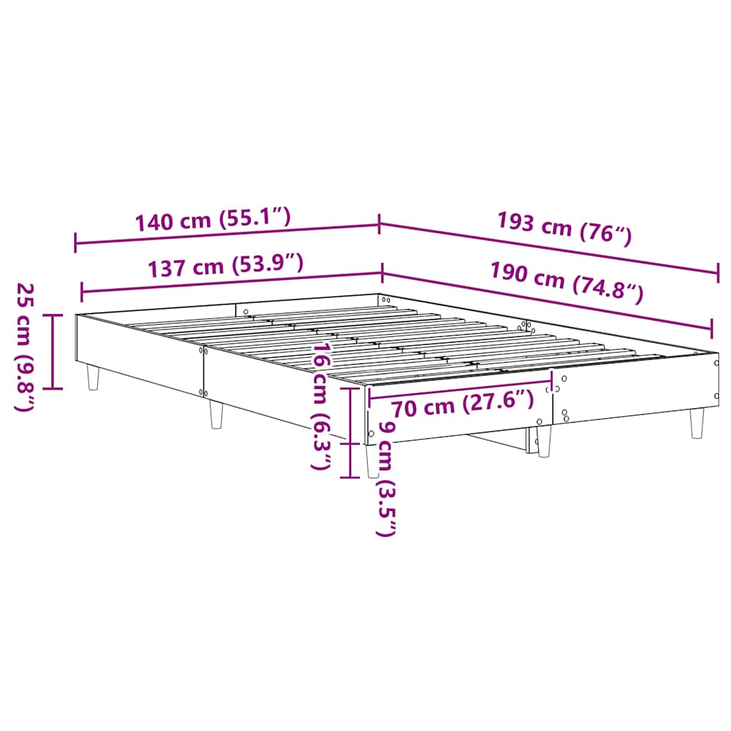 vidaXL Ramka łóżka Sonoma 137 x 190 cm Materiał drewnopochodny
