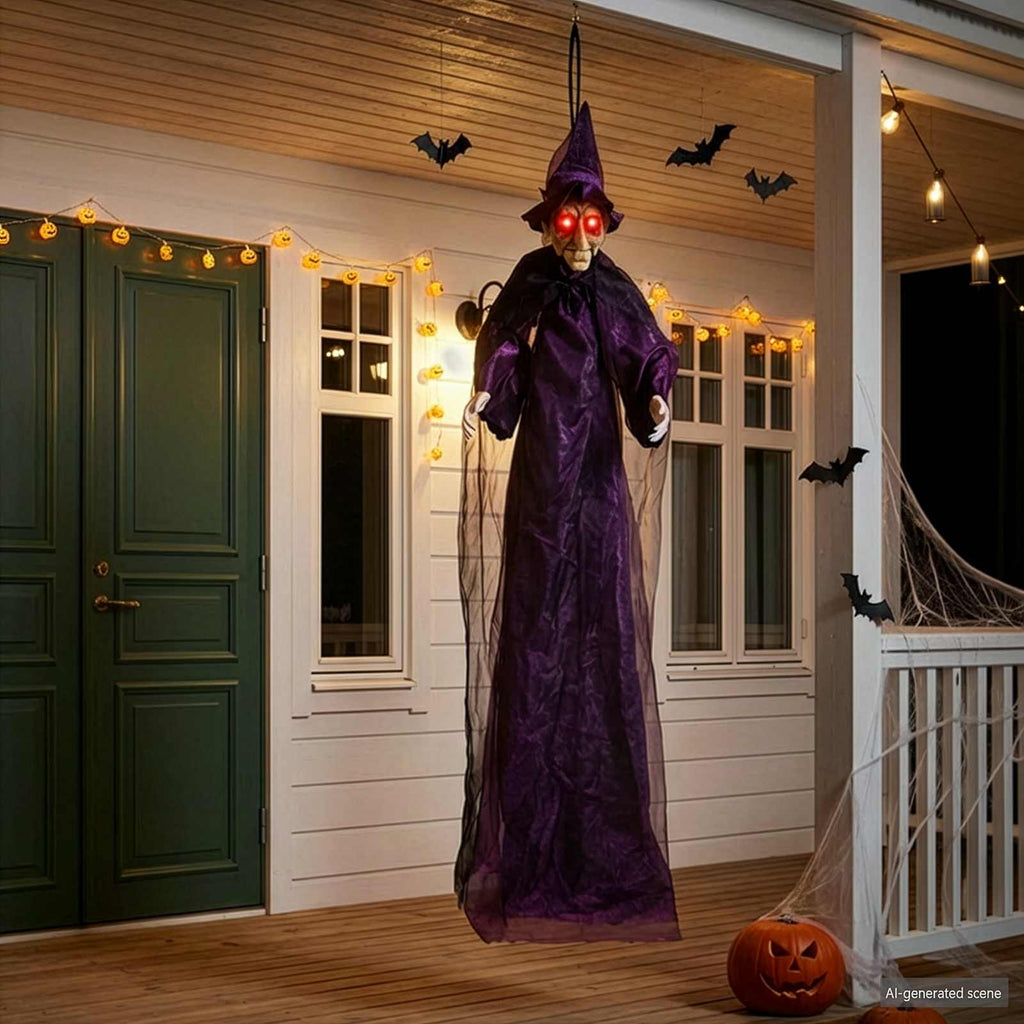 vidaXL Wisząca halloweenowa mówiąca wiedźma Fioletowy 216 x 125 cm