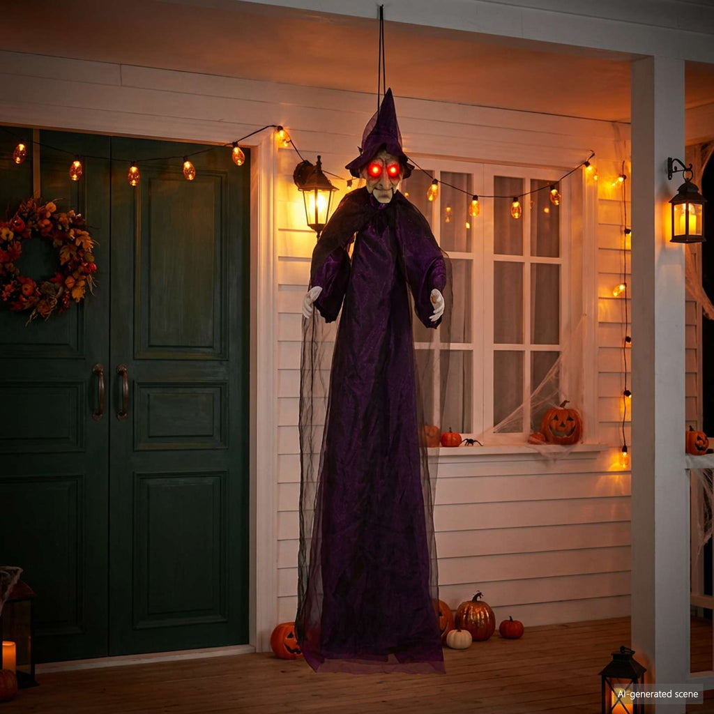 vidaXL Wisząca halloweenowa mówiąca wiedźma Fioletowy 216 x 125 cm
