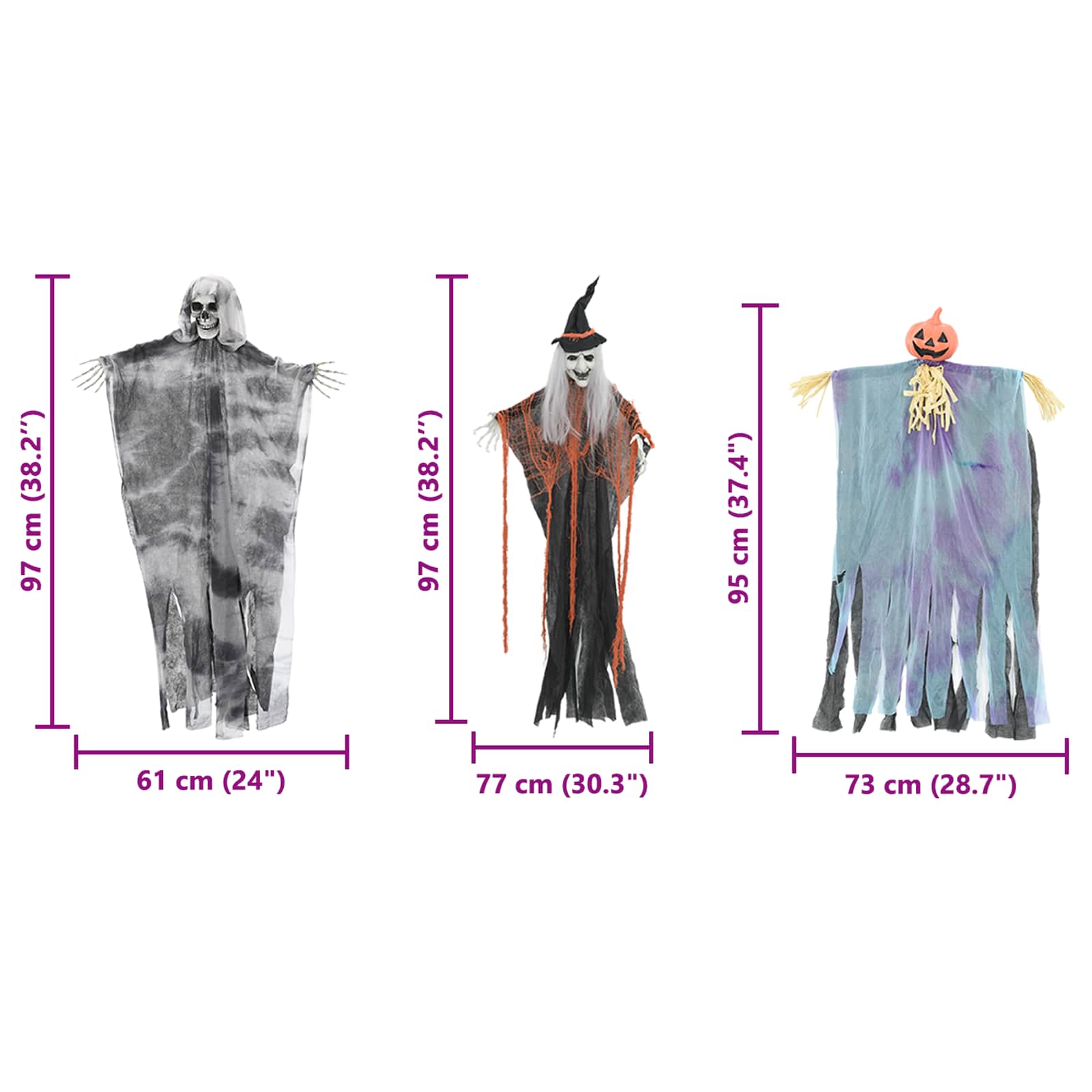 vidaXL Zawieszany Duch Halloween 3 pcs Wielokolorowe 61 x 97 cm