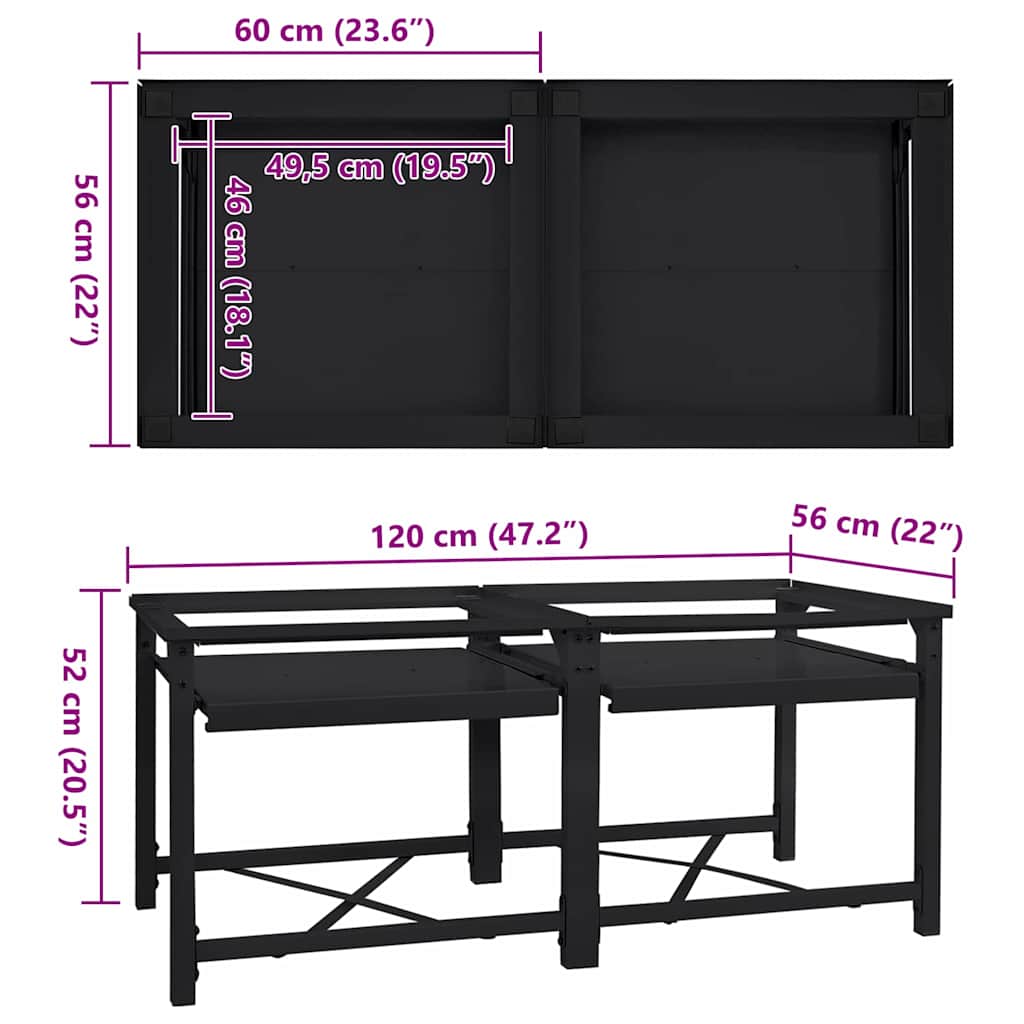 vidaXL Podstawka na Pralkę 2 pcs Czarny 120 x 56 x 52 cm Stal