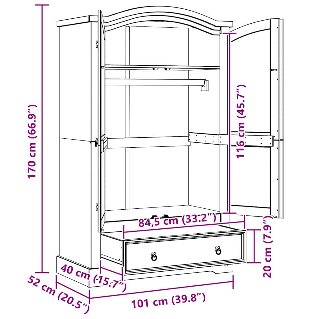 vidaXL Garderoba Corona Biały 101 x 52 x 170 cm Lite drewno sosnowe
