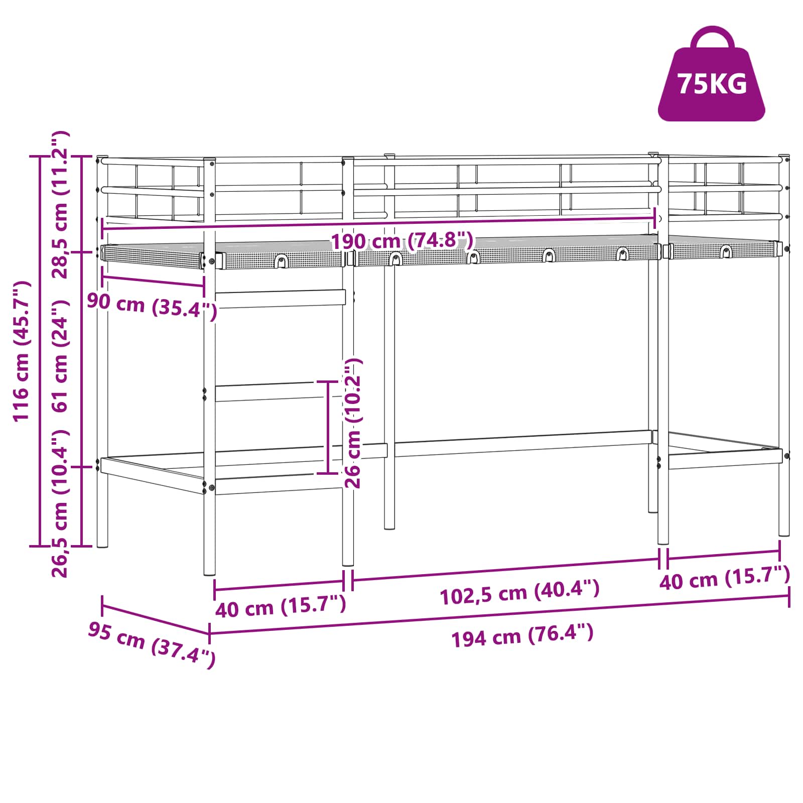 vidaXL Łóżko piętrowe dla dzieci Czarny 90 x 190 cm Stal