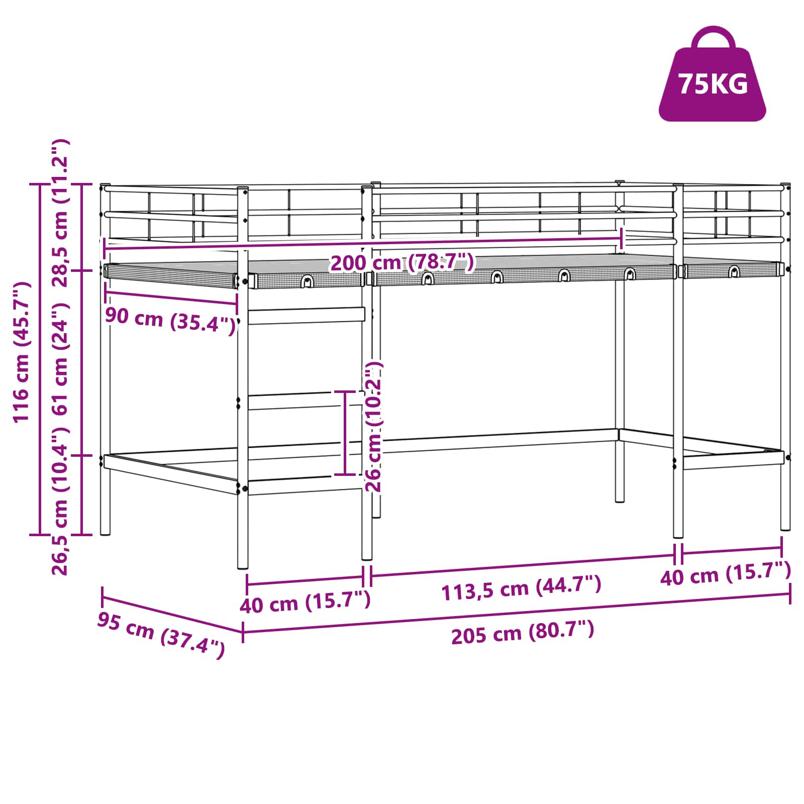 vidaXL Łóżko piętrowe dla dzieci Czarny 90 x 200 cm Stal
