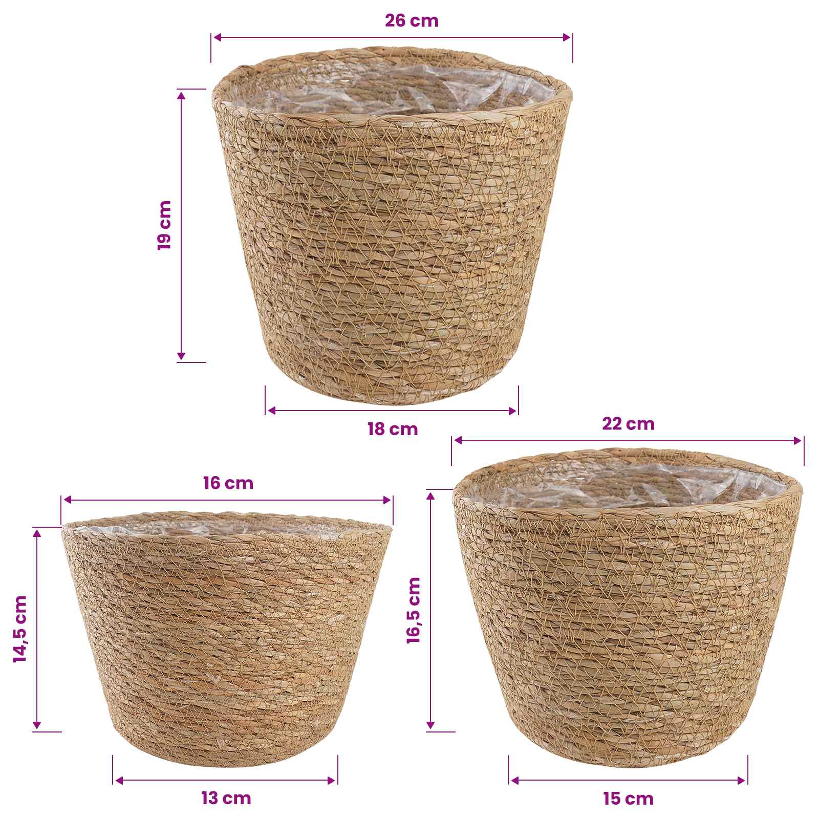 vidaXL Kosze na rośliny z trawy morskiej 3 pcs naturalny Ø26 x 19 cm