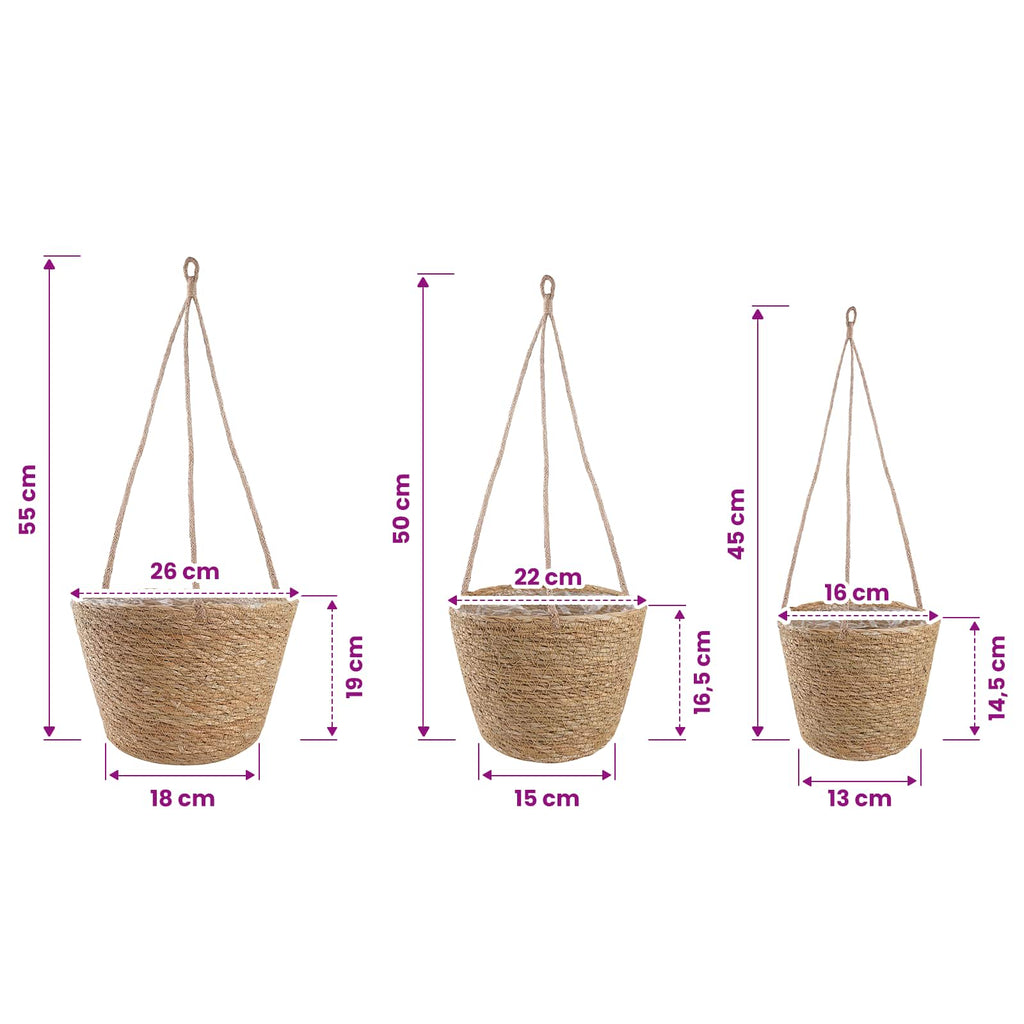 vidaXL Kosze na rośliny z trawy morskiej 3 pcs naturalny Ø26 x 19 cm