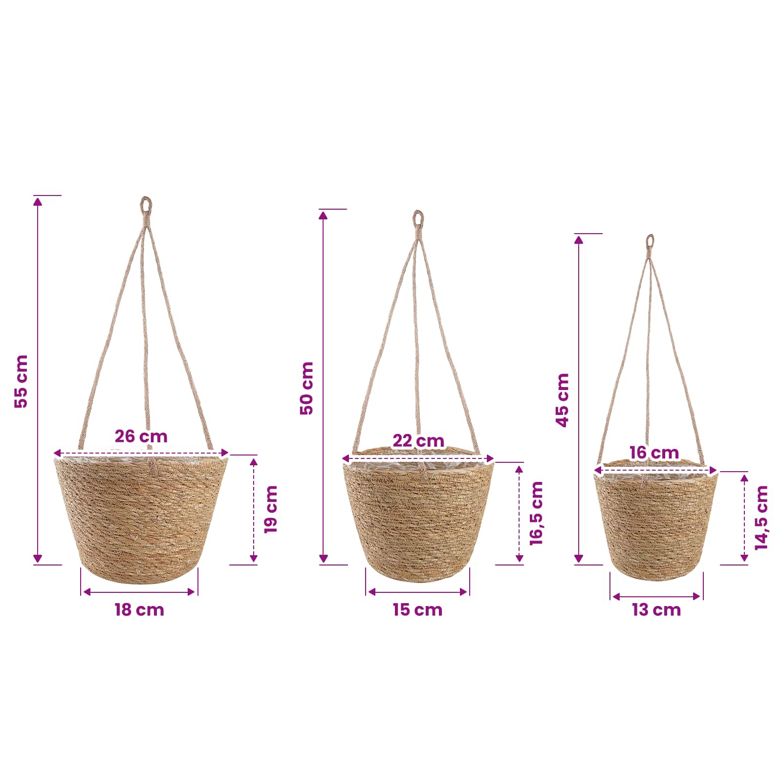 vidaXL Kosze na rośliny z trawy morskiej 3 pcs naturalny Ø26 x 19 cm