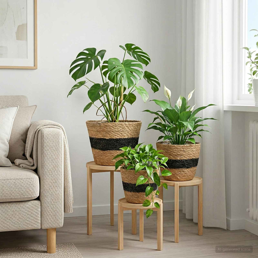 vidaXL Kosze na rośliny z trawy morskiej 3 pcs Naturalny i czarny