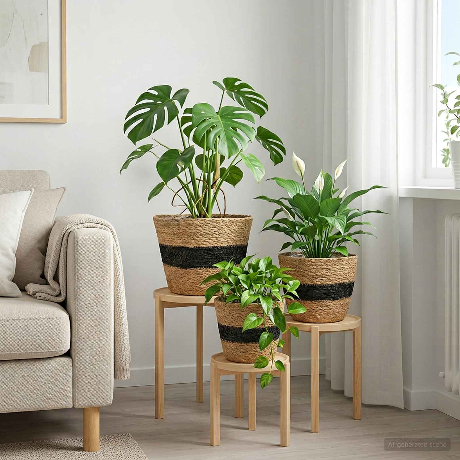 vidaXL Kosze na rośliny z trawy morskiej 3 pcs Naturalny i czarny
