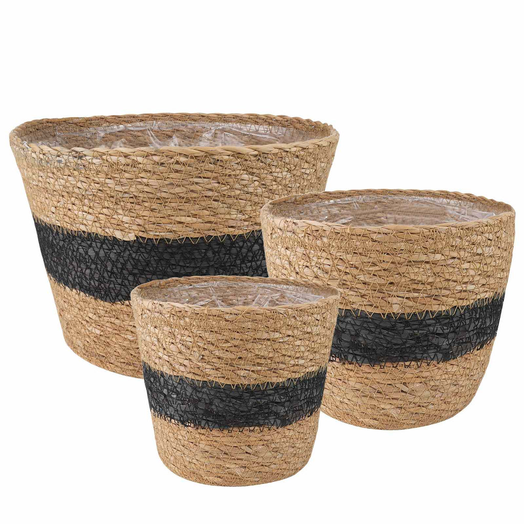 vidaXL Kosze na rośliny z trawy morskiej 3 pcs Naturalny i czarny