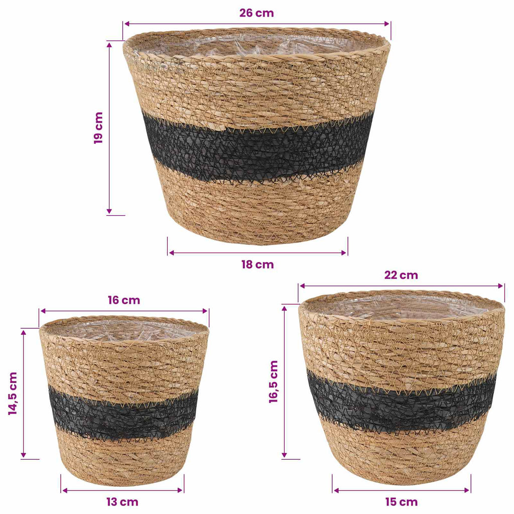 vidaXL Kosze na rośliny z trawy morskiej 3 pcs Naturalny i czarny