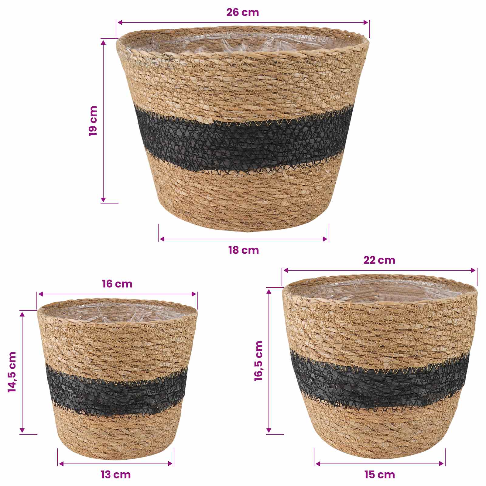vidaXL Kosze na rośliny z trawy morskiej 3 pcs Naturalny i czarny
