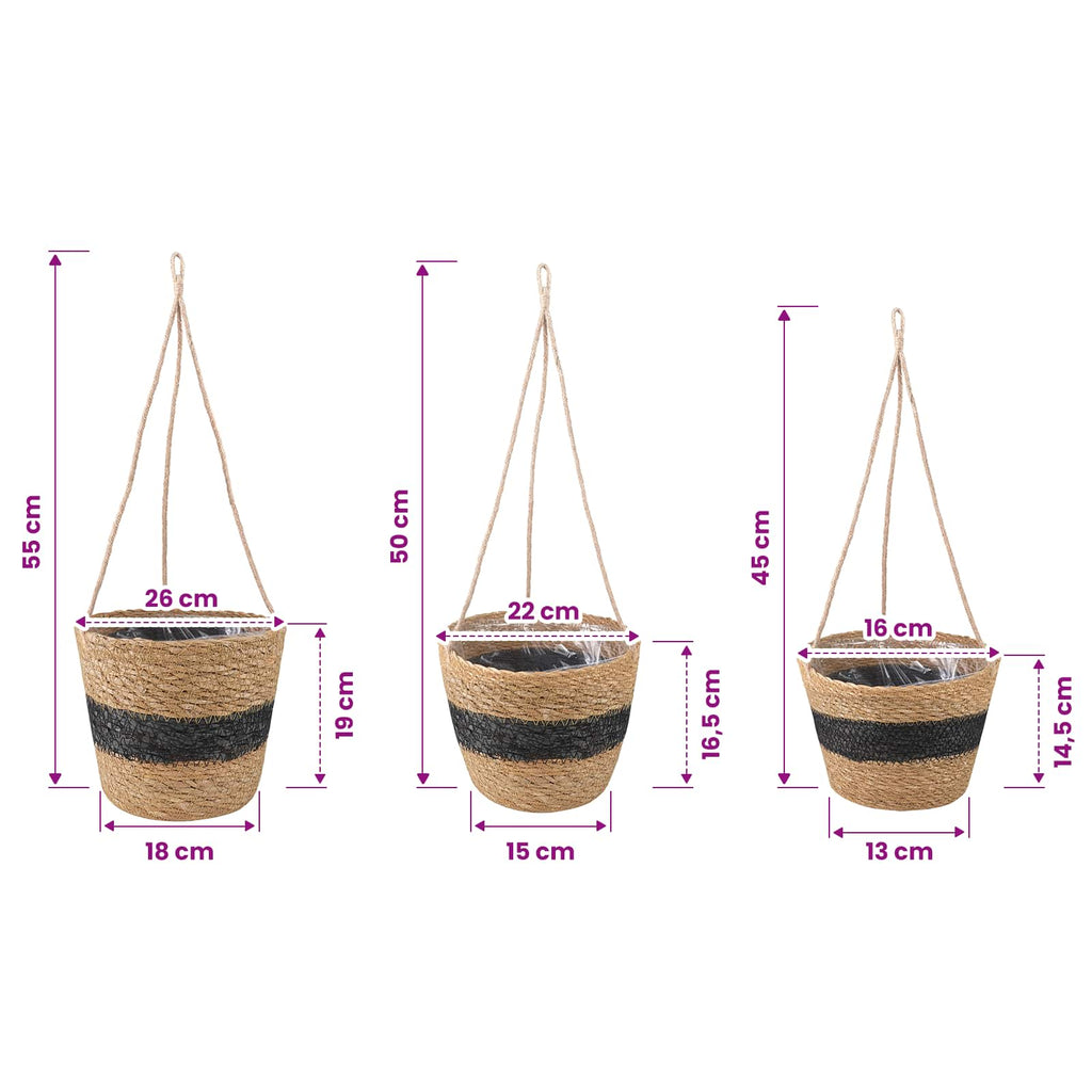 vidaXL Kosze na rośliny z trawy morskiej 3 pcs Naturalny i czarny