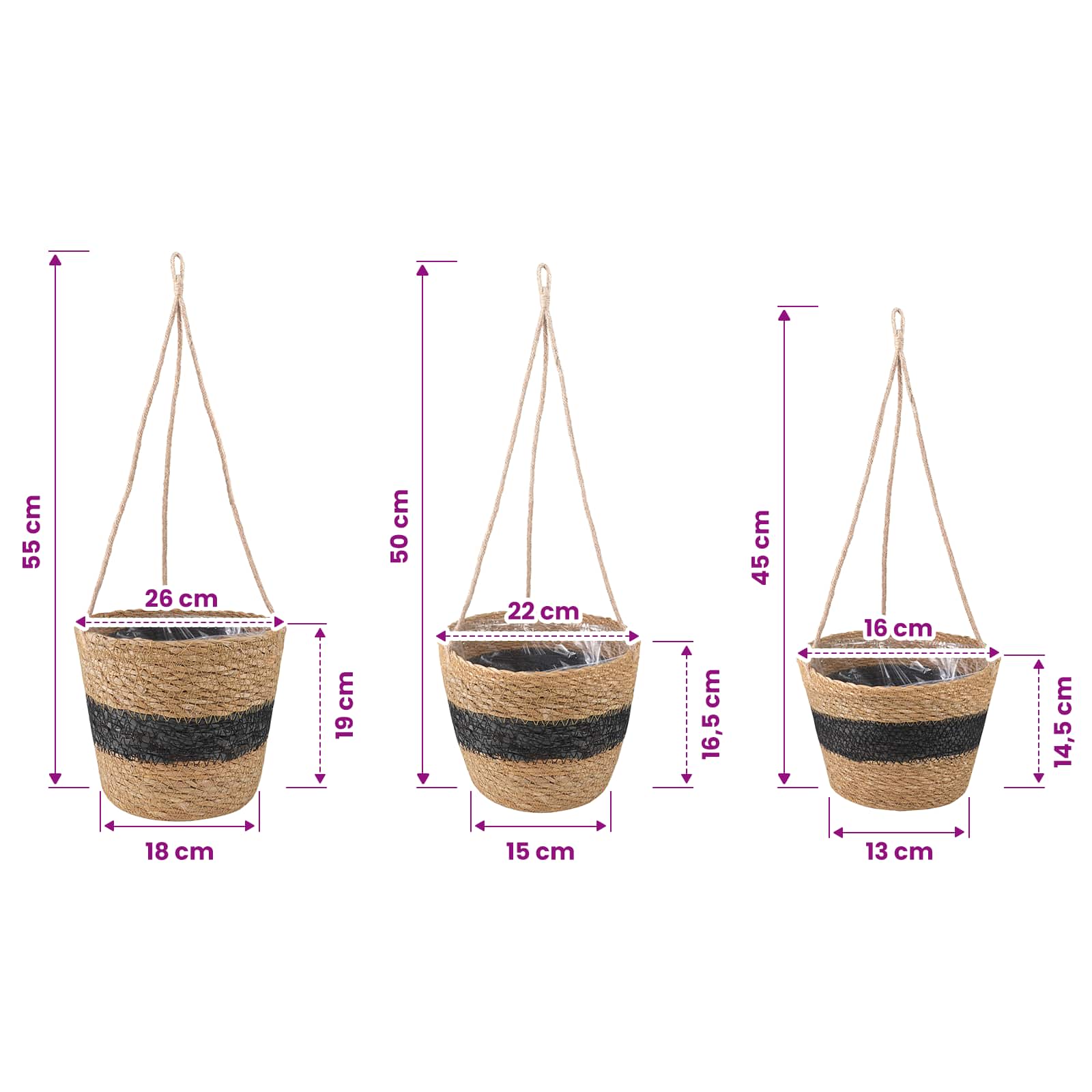 vidaXL Kosze na rośliny z trawy morskiej 3 pcs Naturalny i czarny