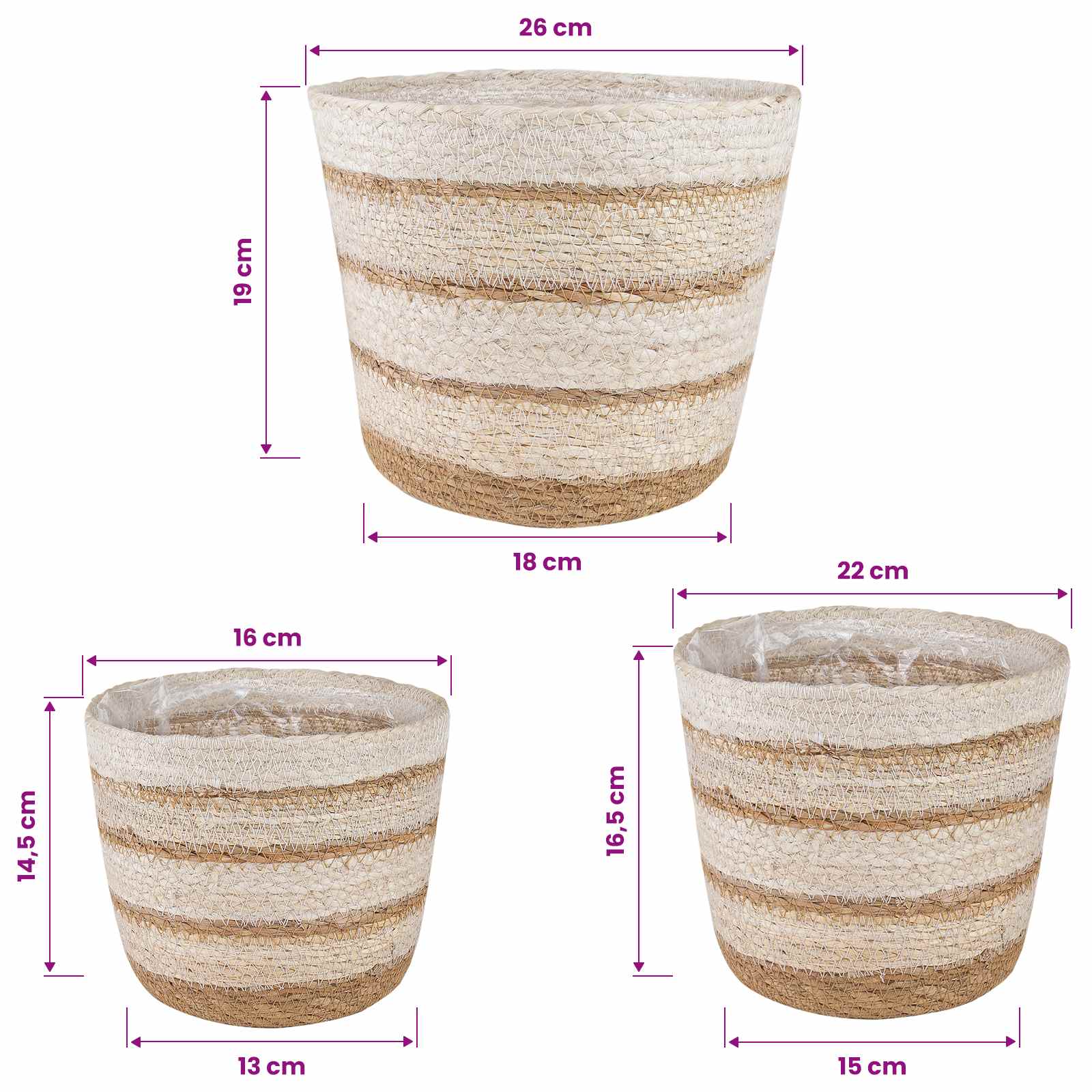 vidaXL Kosze na rośliny z trawy morskiej 3 pcs