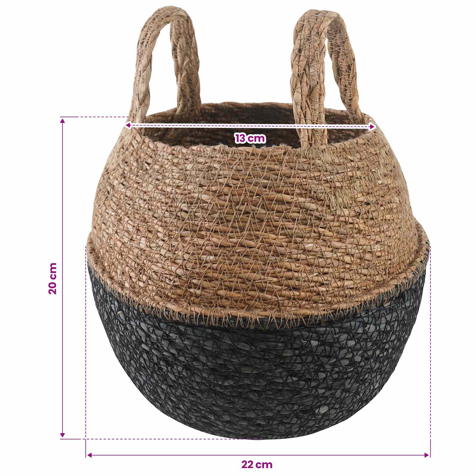 vidaXL Doniczka z uchwytami Czarny Ø 22 x 20 cm 100% Trawa morska