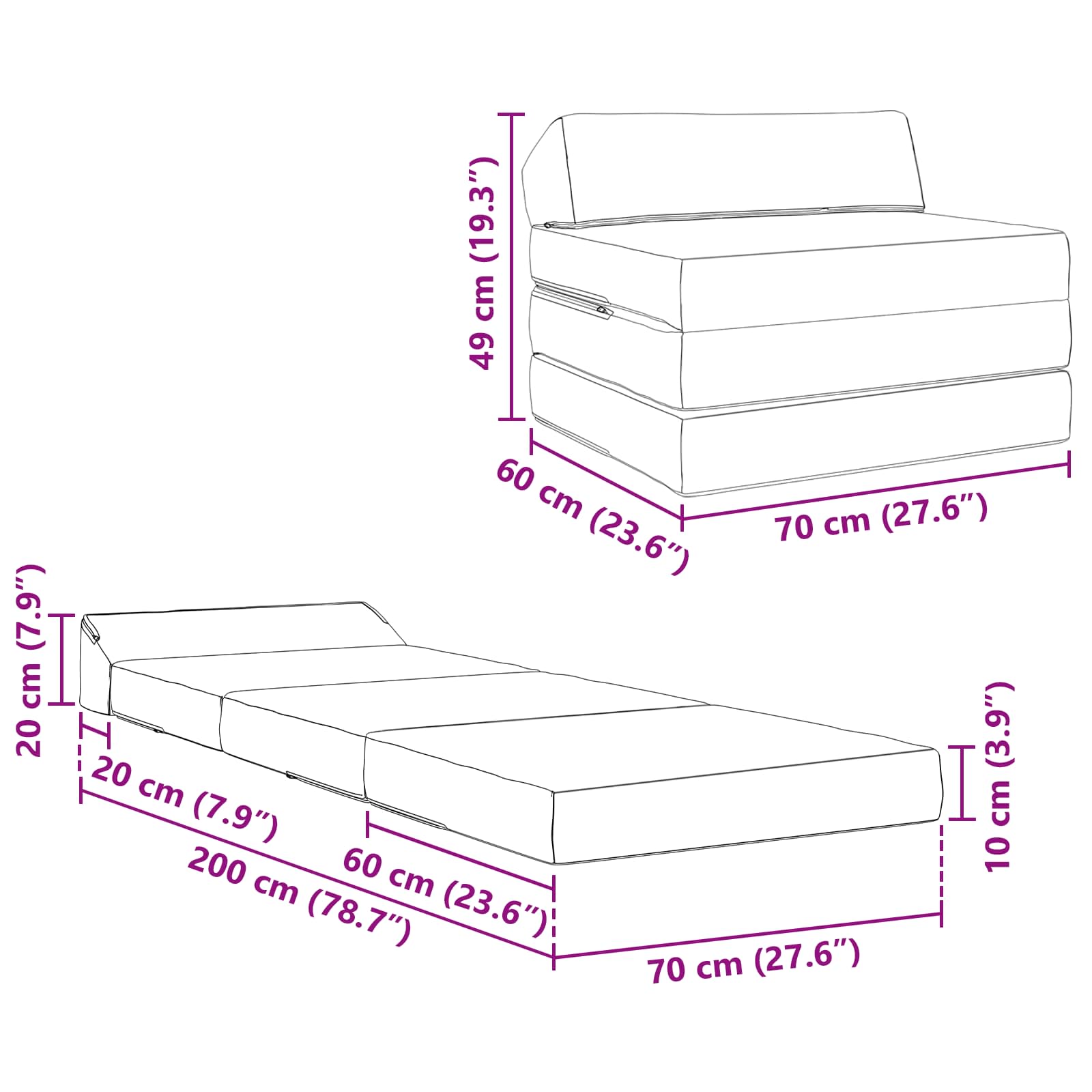 vidaXL Składana Sofa Łóżko jasnoszary 200 x 70 x 10 cm Welur