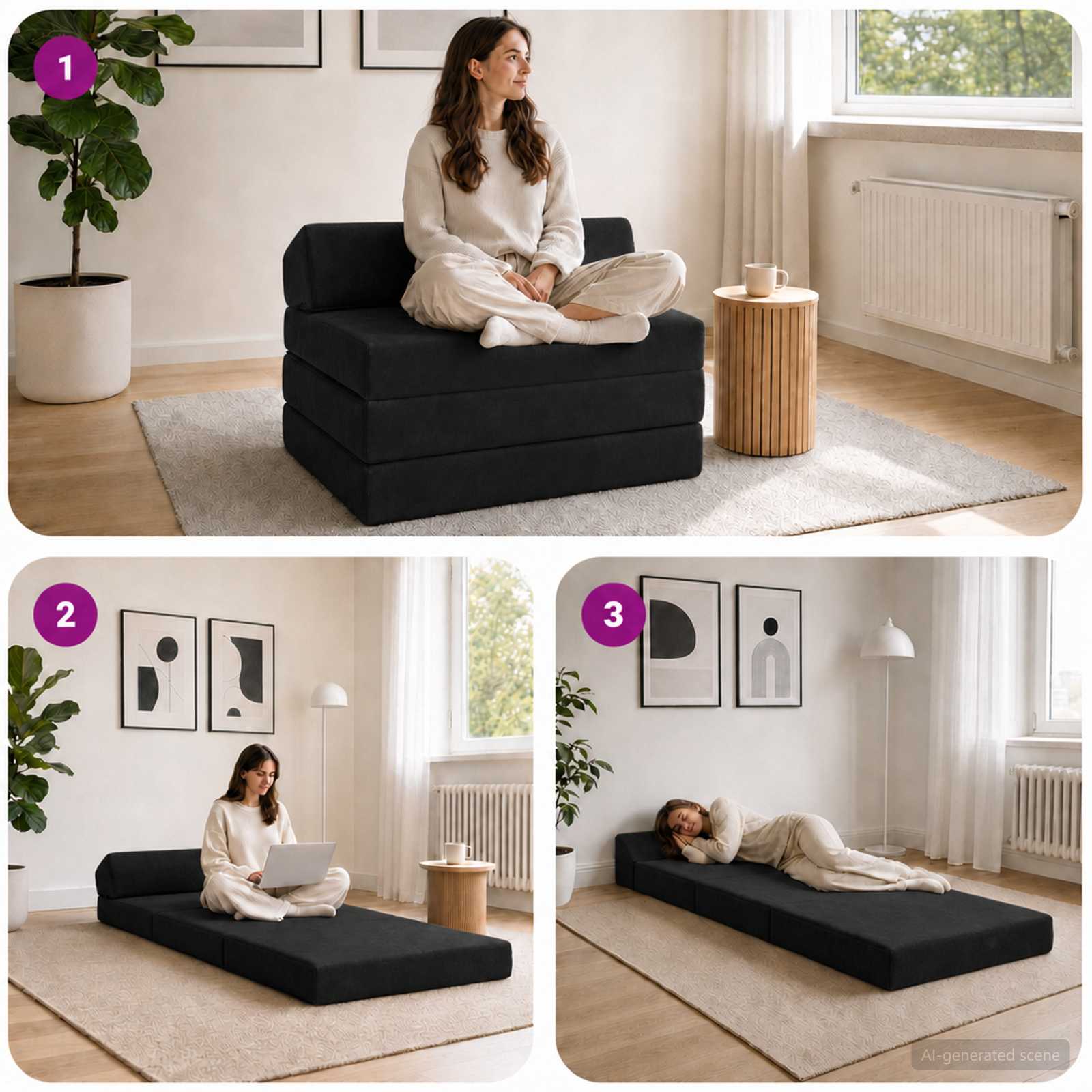vidaXL Składana Sofa Łóżko Czarny 200 x 70 x 10 cm Welur