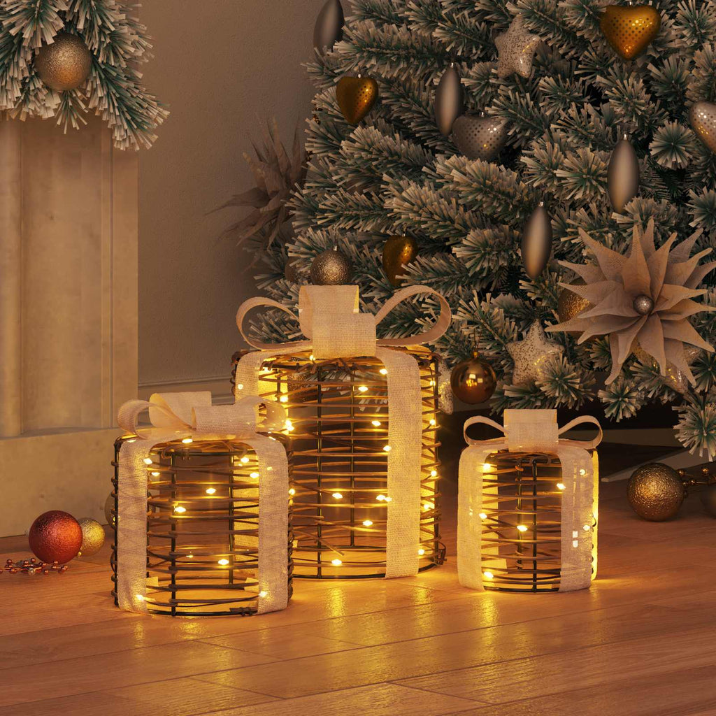 vidaXL Dekoracja Pudełka Prezentowego 3 szt. 60 LED Ciepła biel rattan