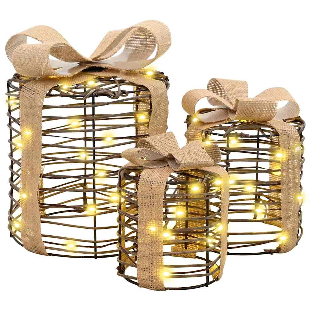 vidaXL Dekoracja Pudełka Prezentowego 3 szt. 60 LED Ciepła biel rattan