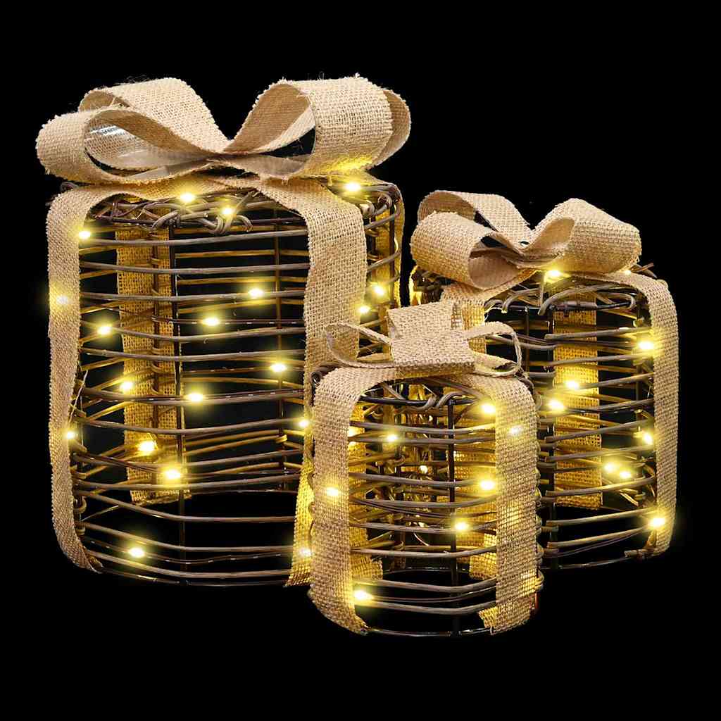 vidaXL Dekoracja Pudełka Prezentowego 3 szt. 60 LED Ciepła biel rattan