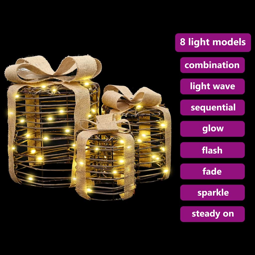 vidaXL Dekoracja Pudełka Prezentowego 3 szt. 60 LED Ciepła biel rattan
