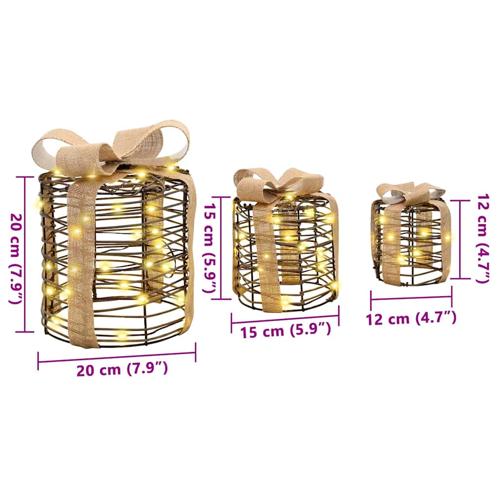 vidaXL Dekoracja Pudełka Prezentowego 3 szt. 60 LED Ciepła biel rattan