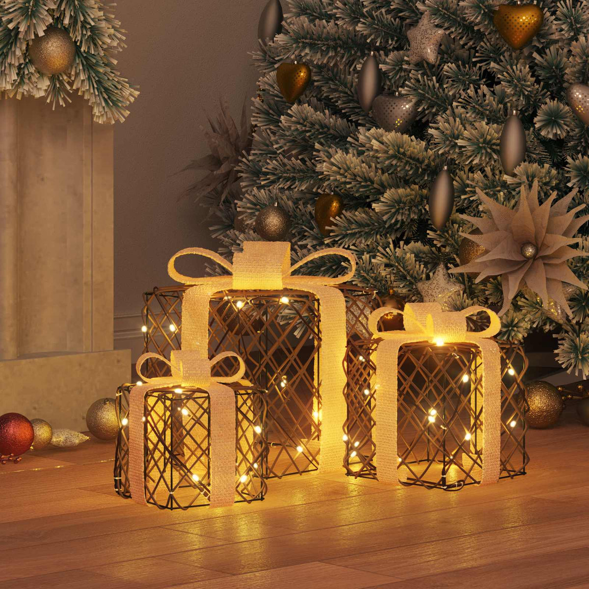 vidaXL Podświetlone pudełko na prezent świąteczny 3 szt. 150 LED